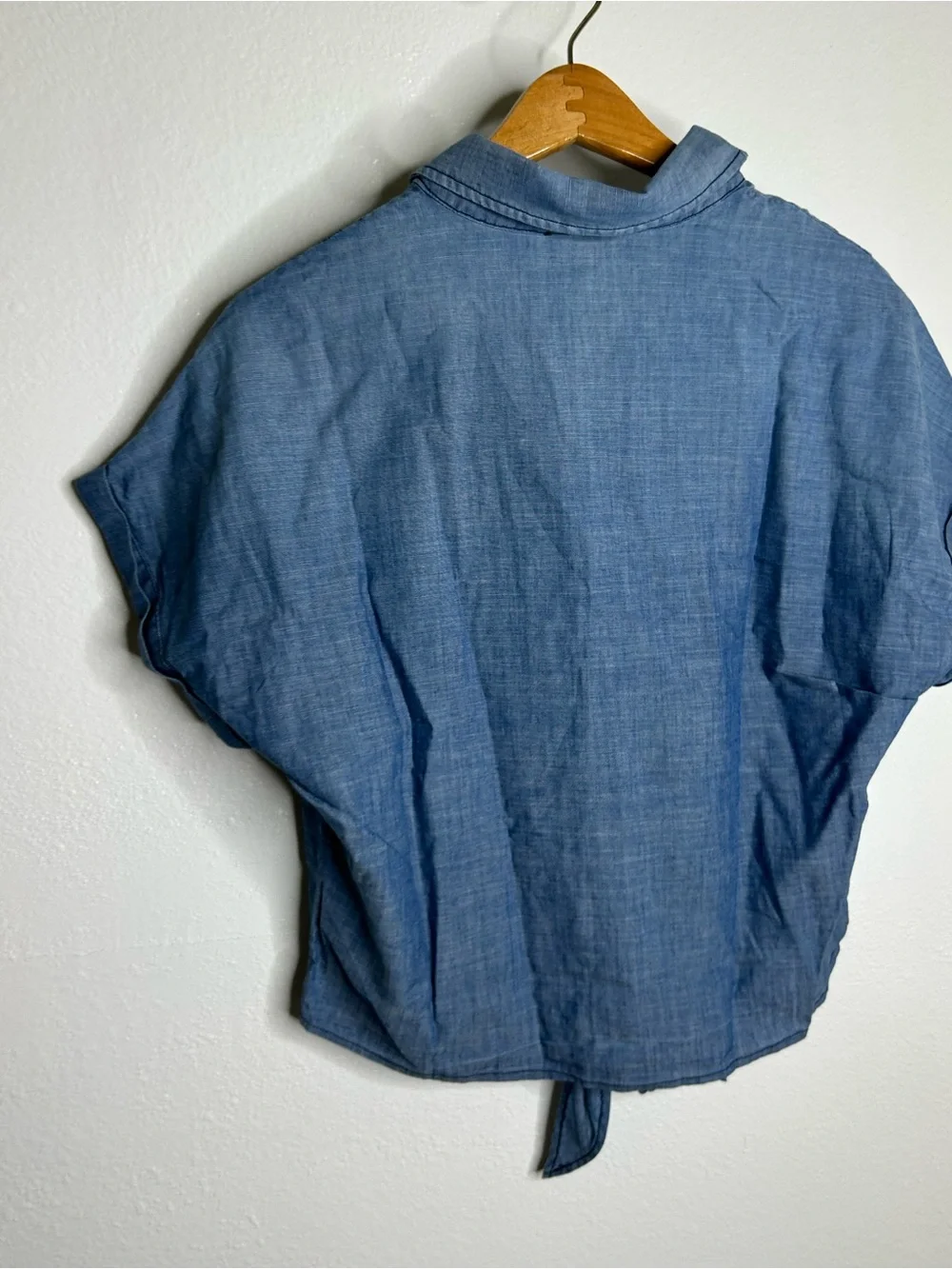 AG 100% Cotton Denim Chambray Button Down Tie Front Short Sleeve Boxy Blouse Top